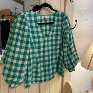 Green and white gingham puff sleeve 80s style top